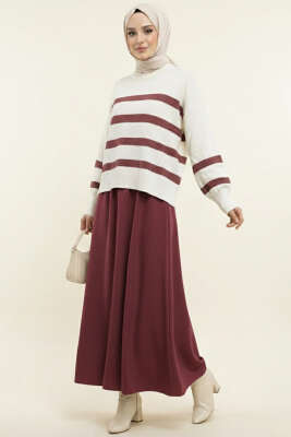 Çizgili Yumoş Triko Kazak Bordo - Thumbnail