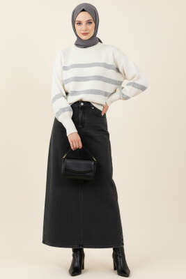 Çizgili Yumoş Triko Kazak Gri - Thumbnail