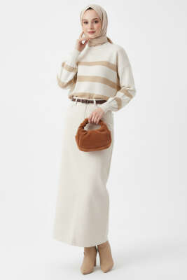 Çizgili Yumoş Triko Kazak Latte - Thumbnail