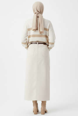 Çizgili Yumoş Triko Kazak Latte - Thumbnail