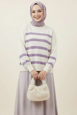 Pazarium - Çizgili Yumoş Triko Kazak Lila