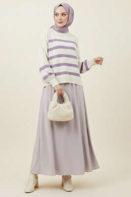 Çizgili Yumoş Triko Kazak Lila - Thumbnail