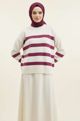 Çizgili Yumoş Triko Kazak Menekşe - Thumbnail