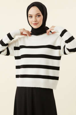 Çizgili Yumoş Triko Kazak Siyah - Thumbnail