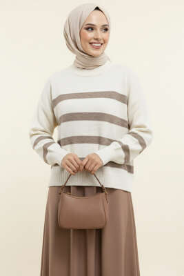 Çizgili Yumoş Triko Kazak Vizon - Thumbnail