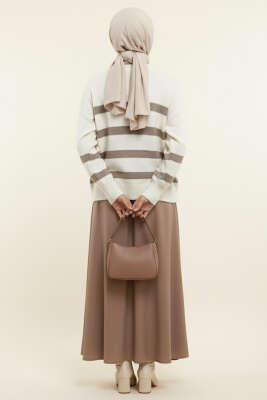 Çizgili Yumoş Triko Kazak Vizon - Thumbnail