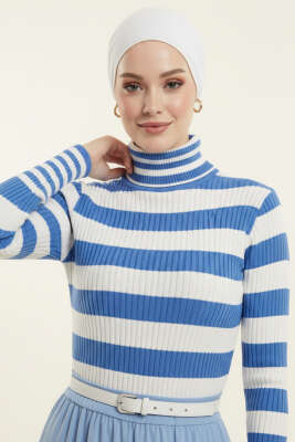 Pazarium - Çizgili Balıkçı Yaka Detaylı Triko Kazak Mavi