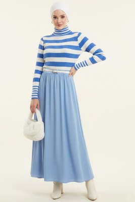 Çizgili Balıkçı Yaka Detaylı Triko Kazak Mavi - Thumbnail