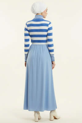 Çizgili Balıkçı Yaka Detaylı Triko Kazak Mavi - Thumbnail