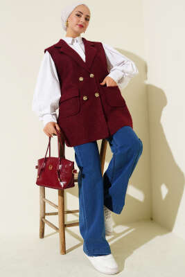 Pazarium - Kruvaze Yaka Düğmeli Detaylı Yelek Bordo