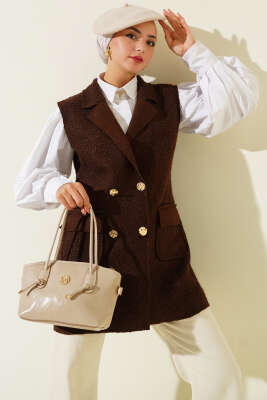 Pazarium - Kruvaze Yaka Düğmeli Detaylı Yelek Kahve