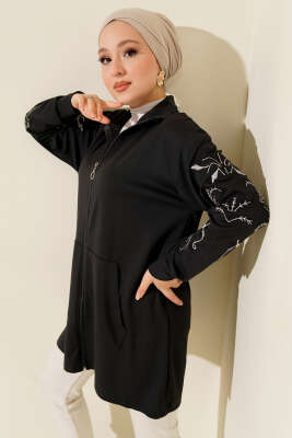 Pazarium - Loyşa Kolları Nakışlı Fermuarlı Hırka Füme