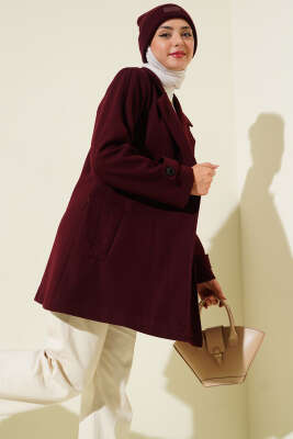 Kruvaze Yaka Kuşak Detaylı Kısa Kaşe Kaban Bordo - Thumbnail