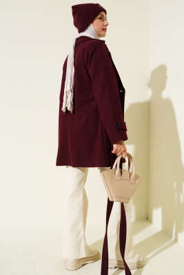 Kruvaze Yaka Kuşak Detaylı Kısa Kaşe Kaban Bordo - Thumbnail