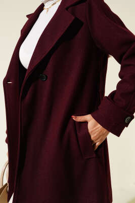 Kruvaze Yaka Kuşak Detaylı Kısa Kaşe Kaban Bordo - Thumbnail