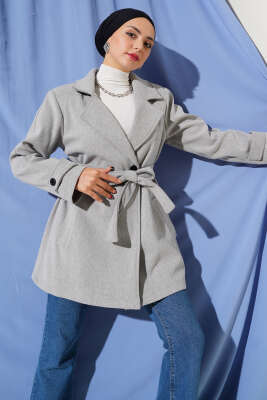 Pazarium - Kruvaze Yaka Kuşak Detaylı Kısa Kaşe Kaban Gri