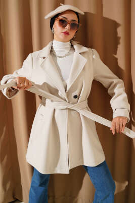 Kruvaze Yaka Kuşak Detaylı Kısa Kaşe Kaban Taş - Thumbnail