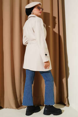 Kruvaze Yaka Kuşak Detaylı Kısa Kaşe Kaban Taş - Thumbnail