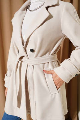 Kruvaze Yaka Kuşak Detaylı Kısa Kaşe Kaban Taş - Thumbnail