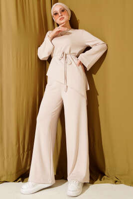 Pazarium - Bisiklet Yaka Asimetrik Kesim Loyşa İkili Takım Bej