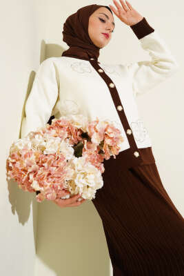 Pazarium - Çiçek Desenli Etekli Triko İkili Takım Kahve