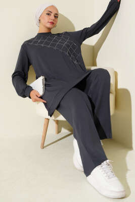 Pazarium - Çapraz Taş Süslemeli İkili Takım Füme