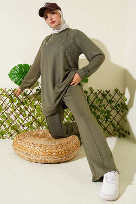 Pazarium - Çapraz Taş Süslemeli İkili Takım Haki