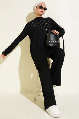 Pazarium - Çapraz Taş Süslemeli İkili Takım Siyah