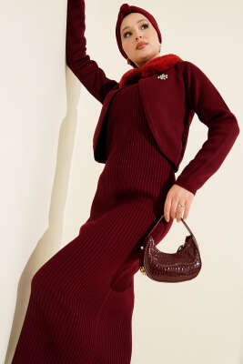 Pazarium - Kürklü Detaylı Jile Triko Elbise Bordo