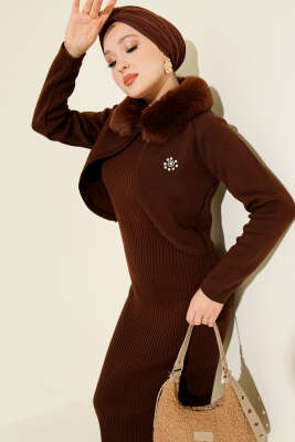 Pazarium - Kürklü Detaylı Jile Triko Elbise Kahve