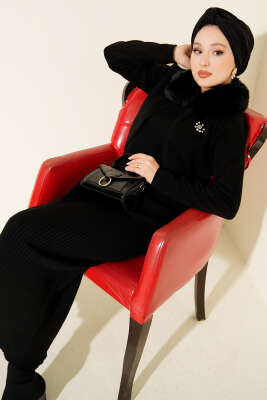 Pazarium - Kürklü Detaylı Jile Triko Elbise Siyah