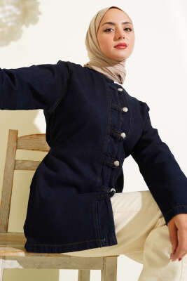 Pazarium - Brit Düğme Detaylı Kot Ceket Lacivert