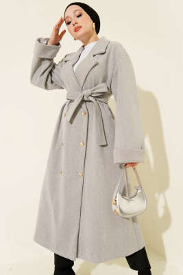 Pazarium - Gold Düğmeli Kruvaze Kaşe Kaban Gri