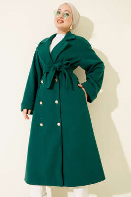 Pazarium - Gold Düğmeli Kruvaze Kaşe Kaban Zümrüt