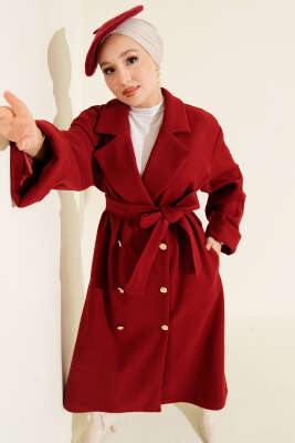 Pazarium - Gold Düğmeli Kruvaze Kaşe Kaban Bordo