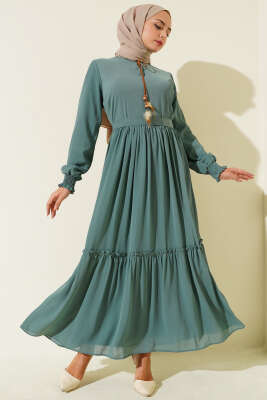 Pazarium - Yaka İpli Kuşaklı Elbise Çağla Yeşili