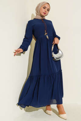 Pazarium - Yaka İpli Kuşaklı Elbise Lacivert
