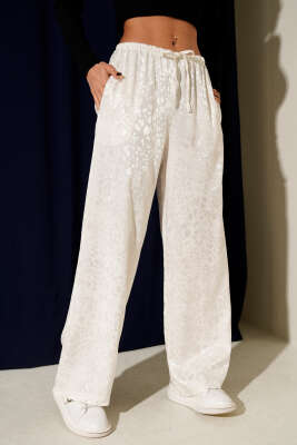Pazarium - Beli Lastikli Jakarlı Bol Paça Pantolon Ekru