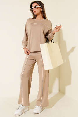 Pazarium - Çizgi Detaylı Bisiklet Yaka İkili Takım Latte