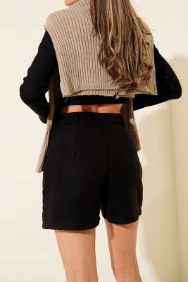 Düğmeli Kısa Kaşe Pantolon Siyah - Thumbnail