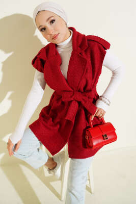Pazarium - Kruvaze Yaka Kuşaklı Buklet Yelek Kırmızı