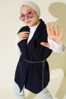 Pazarium - Kruvaze Yaka Kuşaklı Buklet Yelek Lacivert