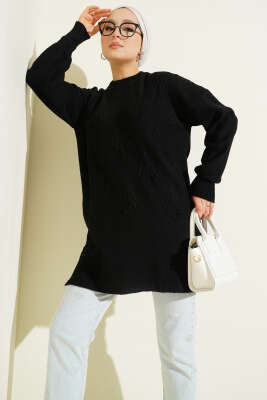 Pazarium - Kiraz Salkımlı Kabartma Yumoş Triko Tunik Siyah