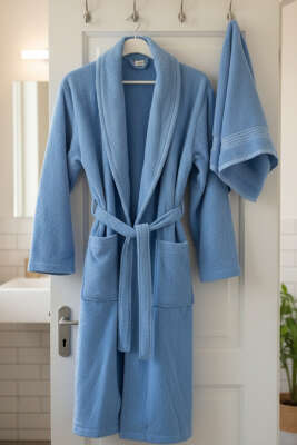 Pazarium - 2'li Bornoz ve Havlu Takım Mavi