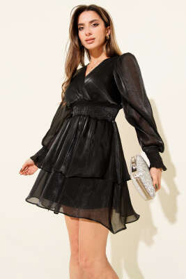 V Yaka Beli Lastikli Mini Elbise Siyah - Thumbnail