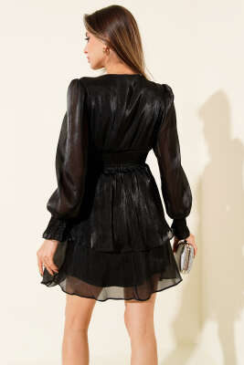 V Yaka Beli Lastikli Mini Elbise Siyah - Thumbnail