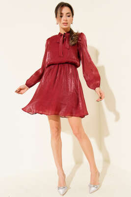 Pazarium - Önü Bağlamalı Şifon Mini Elbise Bordo