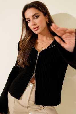 Pazarium - Fermuarlı Detaylı Triko Hırka Siyah