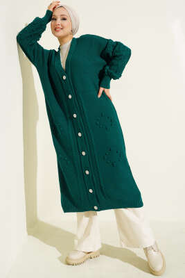 Pazarium - Taşlı Düğmeli Triko Hırka Zümrüt