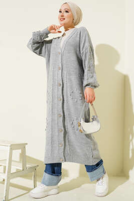 Pazarium - Taşlı Düğmeli Triko Hırka Gri